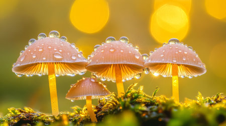 Captivating image of delicate mushrooms adorned with dew drops on a mossy surface, creating a serene and vibrant atmosphere in nature's beauty.の素材