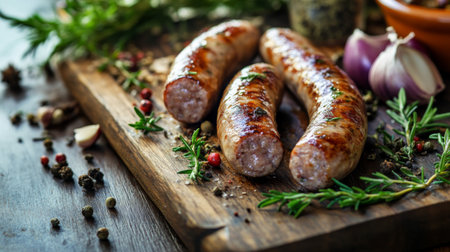 Juicy grilled sausages arranged on a rustic wooden board, garnished with fresh herbs and spices, creating an appetizing and flavorful presentation.の素材