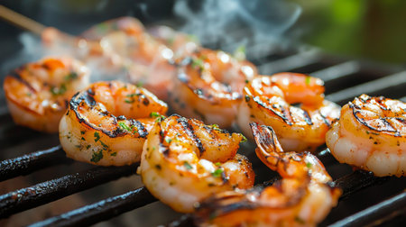 Savor the delicious sight of grilled shrimp over a barbecue, enhanced by smoke and seasonings. Perfect for summer gatherings and gourmet meals!の素材