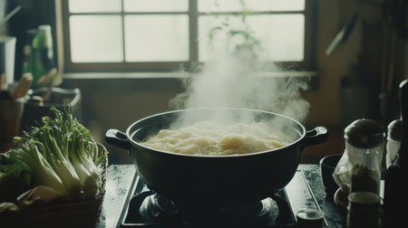A steaming pot cooks on a stove in a cozy kitchen, surrounded by fresh vegetables, creating a warm and inviting atmosphere perfect for meal preparation.の素材