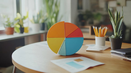 A vibrant pie chart model on a wooden desk in a modern office. Bright colors and green plants create a lively workspace ideal for creativity and productivity.の素材