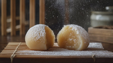 Delicate sweet mochi dusted with powdered sugar, showcasing a soft exterior and rich filling. A perfect addition to any dessert table or treat collection.の素材