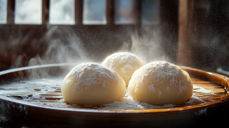 Three soft steamed buns rest on a bamboo tray, lightly dusted with flour. The warm steam and cozy ambiance create an inviting atmosphere for a delicious meal.の素材