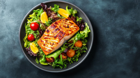A beautifully presented grilled salmon fillet served on a bed of fresh greens, cherry tomatoes, and citrus segments, ideal for healthy dining.の素材