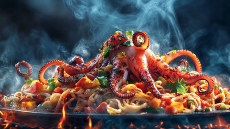 A stunning gourmet dish featuring grilled octopus atop a bed of pasta, garnished with fresh vegetables, herbs, and colorful spices, creating a vibrant culinary experience.の素材