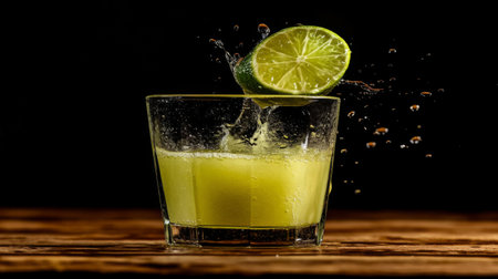 A vibrant lime drink splashes dramatically in a glass, showcasing rich yellow liquid and refreshing citrus. Perfect for summer events and gatherings.の素材