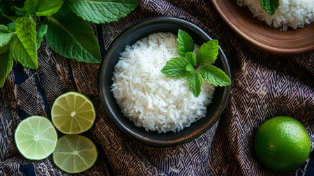 A vibrant display of fresh rice garnished with mint leaves and citrus fruits. Perfect for showcasing organic ingredients or healthy meals.の素材