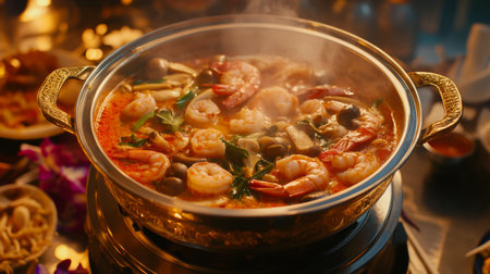 A vibrant shrimp dish simmering in a flavorful broth, enhanced with fresh herbs and spices. Perfect for showcasing culinary creativity and delicious flavors.の素材