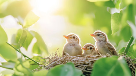 Three small birds perch in a cozy nest, surrounded by lush greenery and soft sunlight, symbolizing new life, warmth, and tranquility in nature's embrace.の素材