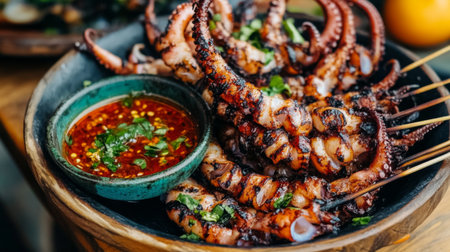 Indulge in this captivating grilled octopus served with a tangy spicy sauce. The dish showcases rich flavors and stunning presentation, perfect for any seafood lover.の素材
