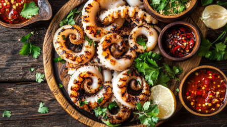 This vibrant image showcases grilled octopus served with fresh herbs, spices, and a variety of dipping sauces, perfect for culinary enthusiasts.の素材