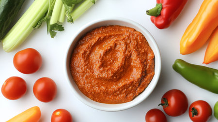 A vibrant display of fresh vegetables surrounding a bowl of rich red sauce. Perfect for healthy cooking, snacking, or as a flavorful dip.の素材