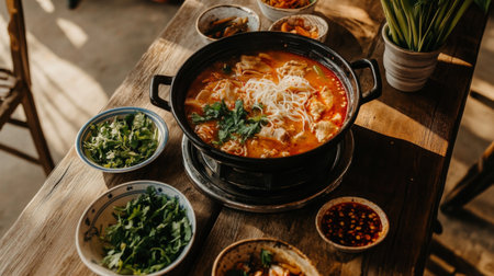 A vibrant hot pot dish served with fresh ingredients and flavorful sides on a rustic dining table, perfect for a cozy meal and sharing experience.の素材