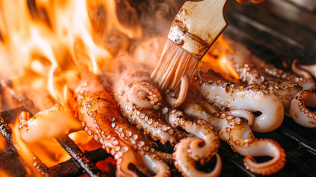 A chef brushes grilled octopus with marinade over an open flame, capturing the essence of outdoor cooking. The smoke and vibrant color enhance the visual appeal.の素材