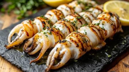 Savory grilled squid garnished with fresh herbs and lemon slices, served on a stylish slate board. Ideal for culinary enthusiasts and seafood lovers.の素材