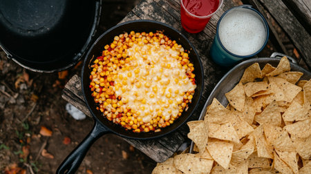 Enjoy a delicious cheesy corn dip served with crispy nachos, perfect for outdoor gatherings or summer parties. Share this vibrant snack with friends!の素材