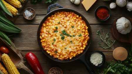 This vibrant corn bake features a cheesy topping and fresh herbs, perfect for a cozy meal. A rustic dish ideal for gatherings and enjoying with loved ones.の素材