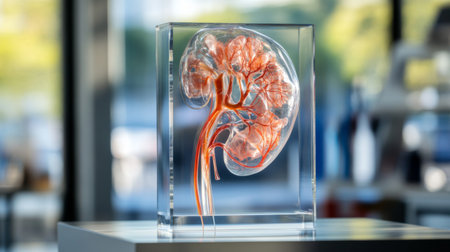 A detailed anatomical model of a kidney with vascular structure showcased in a clear display, ideal for education and research in human anatomy and healthcare.の素材