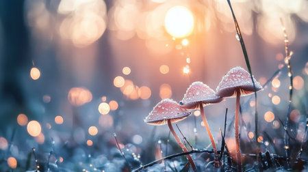 A captivating scene of dewy mushrooms bathed in soft morning light, featuring vibrant bokeh and a serene forest atmosphere, perfect for nature lovers.の素材