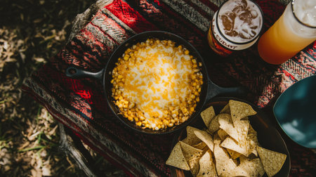 Enjoy a tasty cheesy corn dip served with crispy tortilla chips, perfect for outdoor gatherings or cozy evenings. A delightful snack choice.の素材