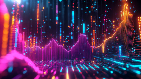 Abstract data visualization featuring vibrant neon colors and dynamic patterns, ideal for technology, business, and digital marketing themes.の素材