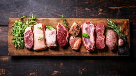 An enticing display of various fresh meat cuts arranged on a wooden board, complemented by fresh herbs. Perfect for culinary inspiration and gourmet cooking.の素材