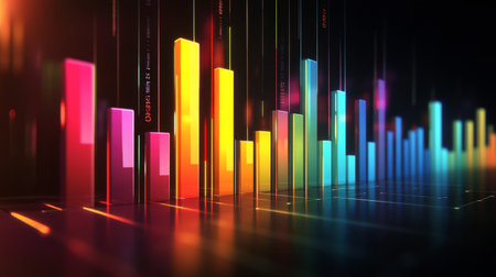 Captivating abstract data visualization featuring colorful bars that represent various metrics. Ideal for showcasing technology, statistics, and analysis themes.の素材