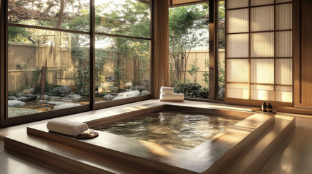 A serene spa setting featuring a wooden hot tub, with gentle sunlight filtering through large windows, inviting nature into a peaceful relaxation space.の素材