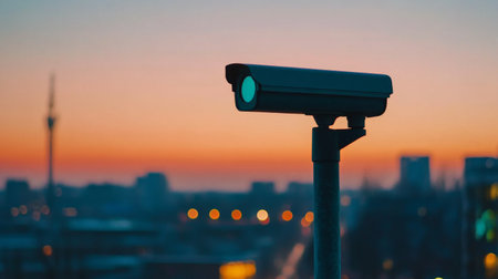 A surveillance camera captures a stunning sunset over an urban skyline, highlighting the blend of technology and city life in a tranquil evening setting.の素材