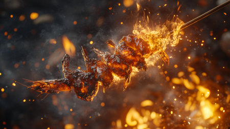 A vibrant image of grilled shrimp skewers on fire, showcasing flames and smoke. Perfect for food lovers, BBQ enthusiasts, and summer gatherings.の素材