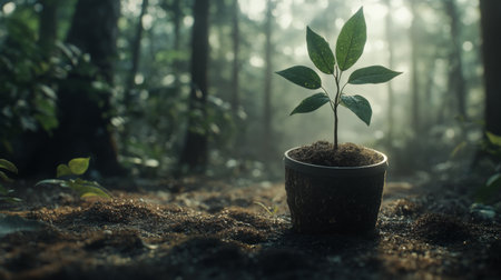 A vibrant green plant emerges from a pot in a serene forest, bathed in soft sunlight. This image represents growth, renewal, and the beauty of nature.の素材