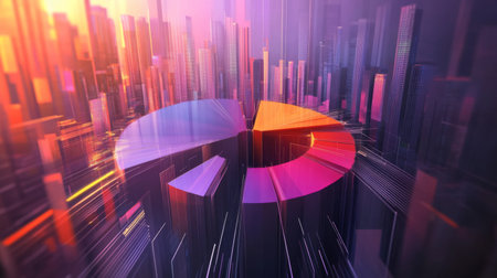 Vibrant data visualization with a pie chart set against an abstract urban landscape, showcasing modern insights and technology trends in business growth.の素材