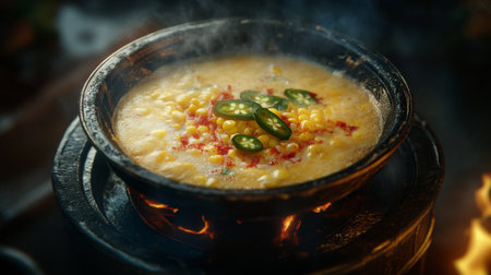 A steaming bowl of creamy corn soup prepared in a traditional pot. This dish combines fresh ingredients and spices, perfect for a comforting meal.の素材