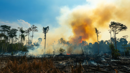 A striking image depicting the destructive power of a forest fire in a remote wilderness area, showcasing smoke billowing from burning trees and scarred land.の素材