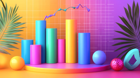 A vibrant 3D bar chart surrounded by playful geometric shapes and tropical leaves, ideal for representing business growth and data analysis visually.の素材