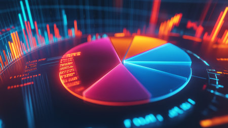 A vibrant data visualization featuring a pie chart alongside dynamic graphs, perfect for showcasing analytics, statistics, and business insights in modern design.の素材