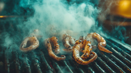An appetizing view of grilled octopus sizzling on a barbecue. Wisps of smoke enhance the outdoor cooking atmosphere, making it perfect for food lovers.の素材