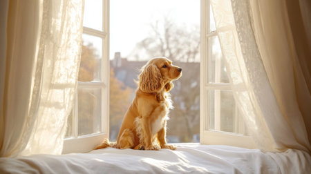 A charming dog sits gracefully by a window, basking in the warm morning light. This serene scene captures the essence of companionship and tranquility.の素材