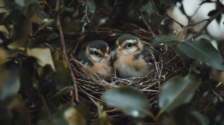 Two adorable baby birds nestled in a cozy nest surrounded by lush greenery, capturing the essence of wildlife and natureの素材