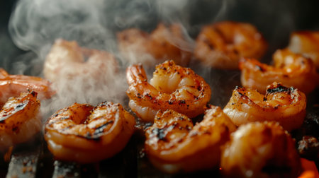 Juicy grilled shrimp showcase a smoky flavor, perfect for any dining occasion. Ideal for capturing the essence of seafood preparation and culinary art.の素材