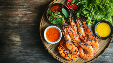This image features delicious grilled shrimp served with fresh vegetables, dipping sauces, and colorful garnishes, perfect for a summer meal or gathering.の素材