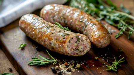 A close-up shot of freshly cooked herb-infused sausages resting on a rustic wooden board. Ideal for culinary and food-related content showcasing delicious meals.の素材