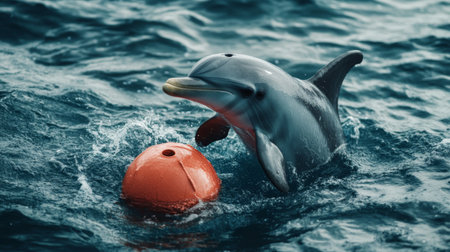A lively dolphin interacts with a bright buoy in the ocean waters, showcasing playful behavior and the joy of marine life in its natural habitat.の素材