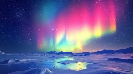 A stunning display of vibrant northern lights illuminates the night sky over a snowy landscape, creating a mesmerizing and tranquil atmosphere.の素材