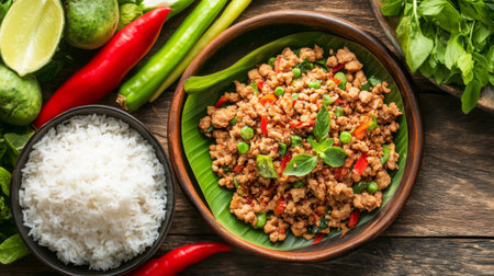 A vibrant and delicious Thai chicken dish served with rice and fresh herbs. Perfect for showcasing Asian cuisine and healthy eating.の素材