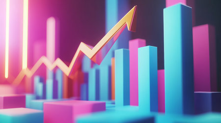 Vibrant 3D graph showing upward trends in business growth. Ideal for finance, marketing, or technology themes, emphasizing data-driven decisions and analysis.の素材