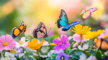 A stunning display of colorful butterflies dancing above vibrant flowers in a sunny garden, showcasing the beauty of nature and springtime charm.の素材