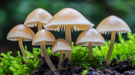 A captivating scene featuring delicate mushrooms emerging from a lush, green forest floor. The soft hues and intricate details create a tranquil, natural ambiance.の素材