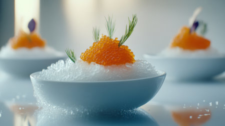 A stunning food presentation featuring vibrant caviar atop a bed of ice, perfect for gourmet dining and culinary artistry in upscale restaurants.の素材