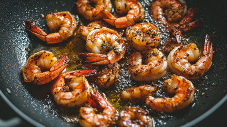A vibrant close-up of juicy shrimp sizzling in a pan, seasoned with fragrant herbs and spices. Perfect for showcasing culinary skills or seafood dishes.の素材